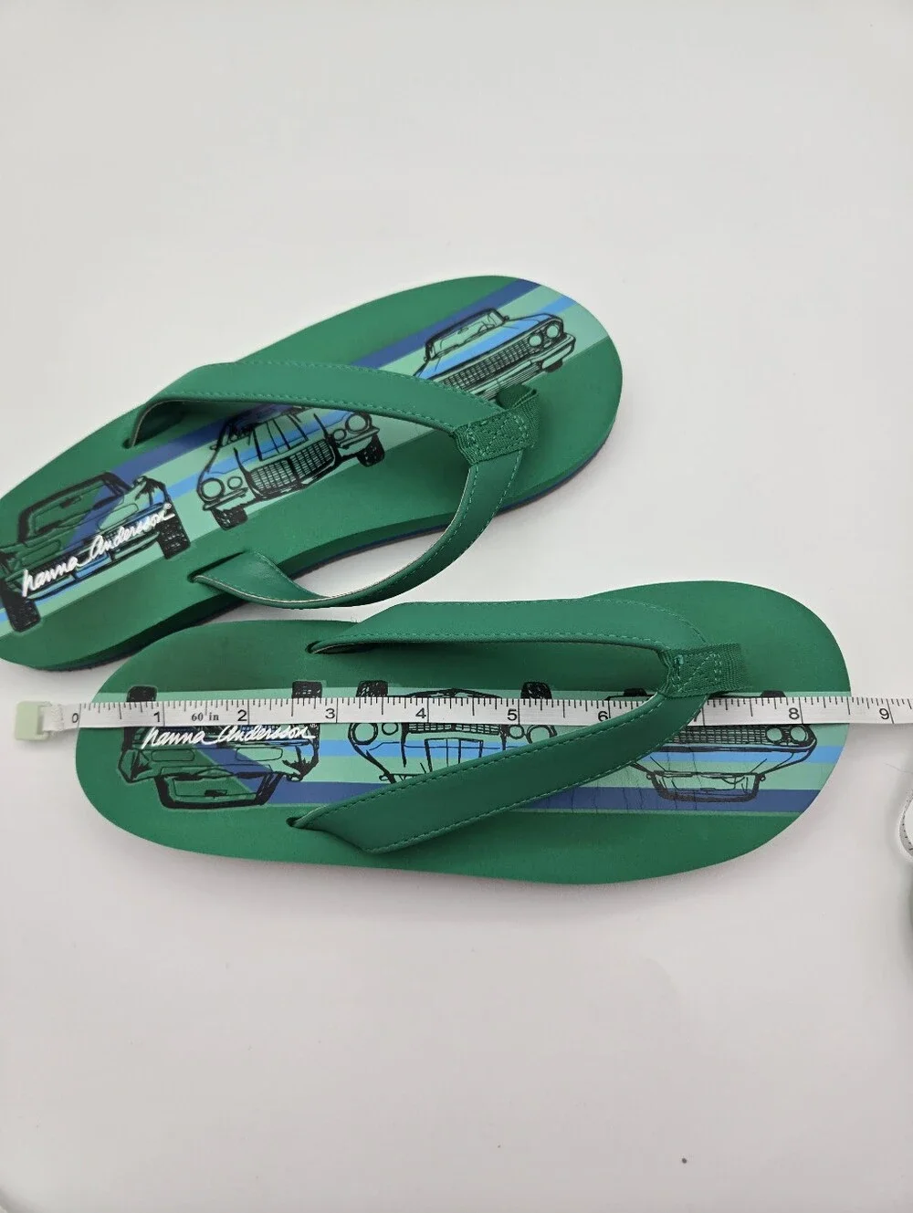 Hanna Andersson Boys Flip Flops Sandals Size Youth 3 Green Blue Car Print